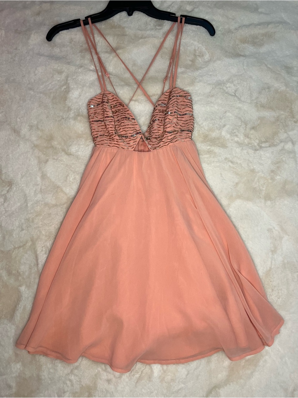 bebe Peach Beaded Mini Babydoll Dress